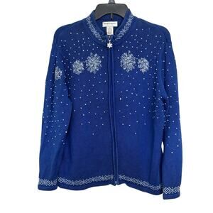VTG Draper’s & Damon’s Blue Beaded Snowflake Full Zip Cardigan Size LP Winter